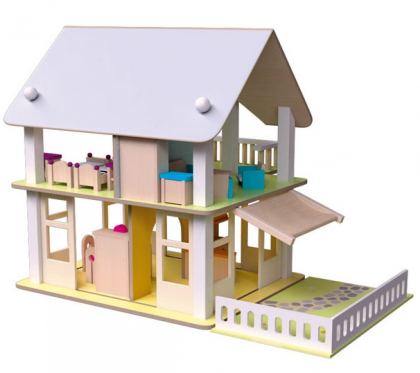Woody, Дървена, къща, с, балкон, Нанси, къща с обзавеждане, дървена куклена къща, дървена къща за кукли, дървена кукленска къща, дървена къщичка за кукли, кукленска къща играчки, игри къща, играчка, играчки, игри, игра