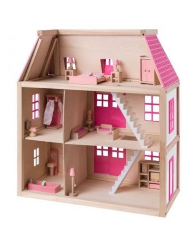 woody, дървена, кукли, кукленска, къща, три, етажа, обзаведена, играчка, играчки, игри, игра 