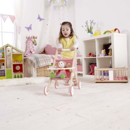 hape, дървена, количка, за, кукли, бебешка, детска, за бутане, игра, игри, играчка, играчки