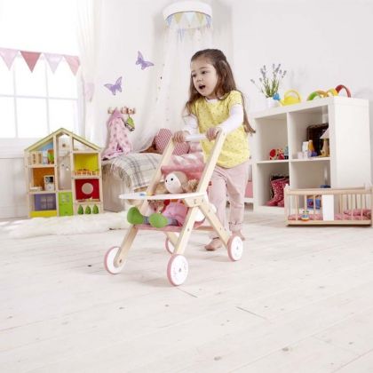 hape, дървена, количка, за, кукли, бебешка, детска, за бутане, игра, игри, играчка, играчки