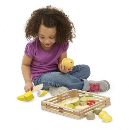 melissa & doug, дървен, комплект, плодове, дървени плодове, дървени плодове за рязане, дървени, дъска, ножче, игра, игри, играчка, играчки