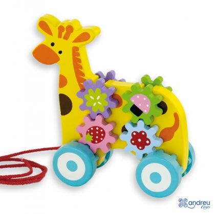 Andreu toys, дървена, играчка, за, дърпане, жираф, със, зъбни, колела, играчки, игри, игра