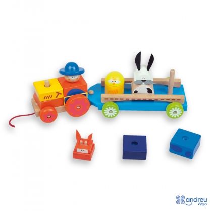 Andreu toys, дървен, трактор, с, ремарке, играчка, играчки, игри, игра
