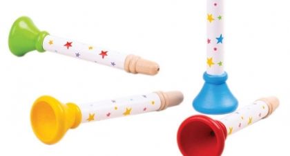 bigjigs, дървена музикална играчка, тромпет, различни цветове, музикална играчка, музикален инструмент, тромпетче, игра, игри, играчка, играчки