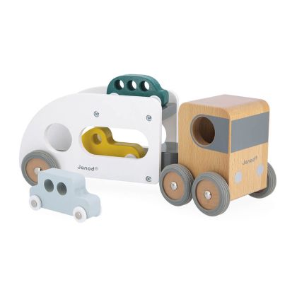 Janod - Дървена играчка - Автовоз с три автомобила