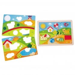 hape, дървен, пъзел, детски, 3 в 1, картинки, слънчевата долина, памет, мемо, забавен, игра, игри, играчка, играчки