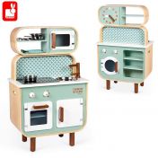 Janod, играчка, играчки, дървена играчка, играчки от дърво, детска дървена кухня, дървена кухня, дървени кухни, детска кухня, дървена детска кухня, детски кухни за игра, кухня с две лица, двустранна детска кухня, детска кухня с аксесоари, продукти Janod, 