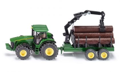 SIKU, Tractor with forestry trailer, John Deere 8430, трактор, кран, дървен материал, дървесина, ремарке, игра, игри, играчка, играчки