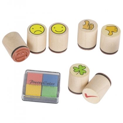 Goki, комплект, детски, дървени, печати, c тампон, Творчески комплект дървени печати с тампон - Емоции