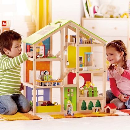 Hape, дървена, разноцветна, кукленска, къща, три, етажа, за кукли, играчка, играчки, игри, игра 