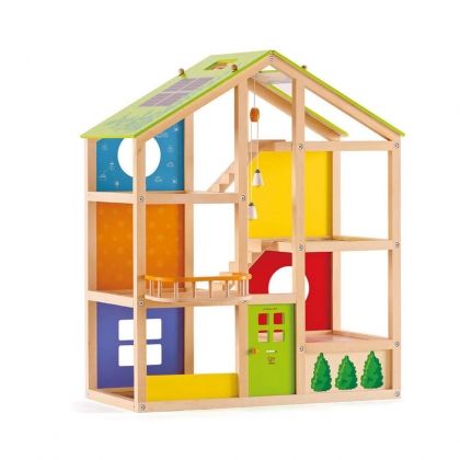 Hape, дървена, разноцветна, кукленска, къща, три, етажа, за кукли, обзаведена, играчка, играчки, игри, игра 