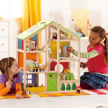 Hape, дървена, разноцветна, кукленска, къща, три, етажа, за кукли, обзаведена, играчка, играчки, игри, игра 