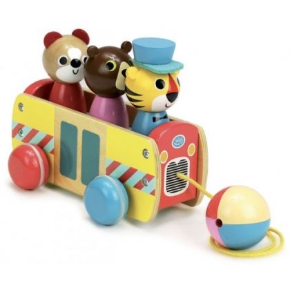 vilac, дървена, играчка, за, дърпане, сортер, автобус, с, пътници, животни, игра, игри, играчки