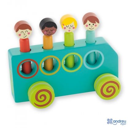 Andreu toys, дървено, автобусче, с, четири, цветни, фигурки, играчка, играчки, игри, игра