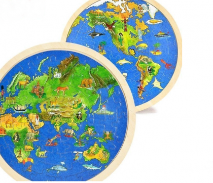 goki, двулицев детски кръгъл дървен пъзел, глобус, земното кълбо, пъзел, пъзели, puzzles, пъзелите, пъзели игри