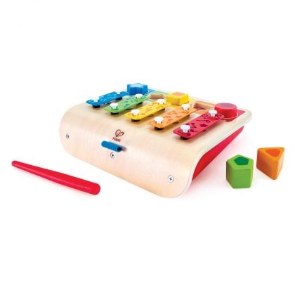 hape, дървена, играчка, 2 в 2, сортер, ксилофон, музикален, инструмент, фигури, цветове, игра, игри, играчка, играчки
