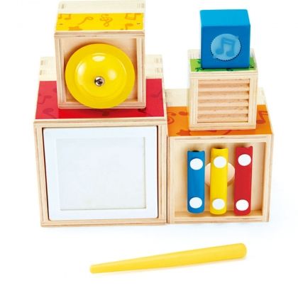 hape, дървени, музикални, кубчета, музикална, играчка, куб, музика, инструменти, ксилофон, барабан, звънче, дрънкалка, детска, дете, игра, игри, играчки