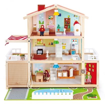 Hape, дървена, куклена, кукли, имение, къща, три, етажа, за кукли, обзаведена, играчка, играчки, игри, игра 