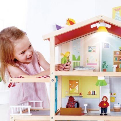 Hape, дървена, куклена, кукли, имение, къща, три, етажа, за кукли, обзаведена, играчка, играчки, игри, игра 