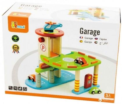 Viga, дървен гараж, играчка дървен гараж, дървен гараж на два етажа, комплект дървен гараж с бензиностанция и паркинг, комплект гараж с паркинг и хеликоптер, игра, игри, играчка, играчки