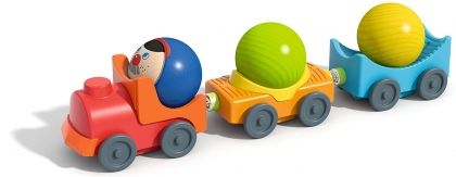haba, пластмасово, влакче, влак, вагон, локомотив, топчета, топчици, топки, емил, кондуктор, релси, аксесоари, игра, игри, играчка, играчки