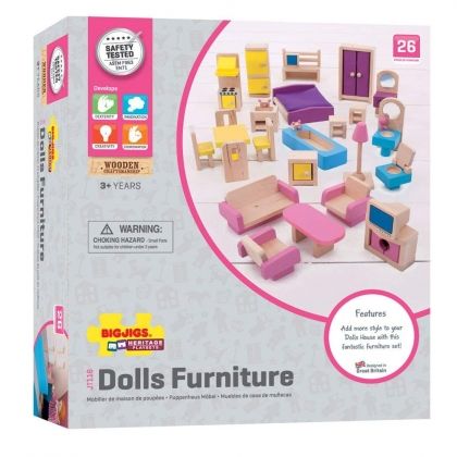 bigjigs, дървено обзавеждане за кукли, дървени мебели, мебели, обзавеждане, дървени мебели за кукли, спалня, хол, баня, кухня, легло, диван, кукла, кукли, игра, игри, играчка, играчки