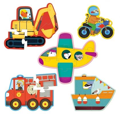 vilac, комплект дървени пъзели, пъзел, пъзели, puzzle, puzzles, превозни средства, колички