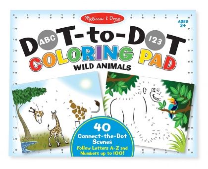 melissa & doug, книжка за оцветяване с цифри и букви, свържи точките, диви животни, оцветяване, книжка за оцветяване, цифри, числа, букви, английска азбука, животни, игра, игри, играчка, играчки