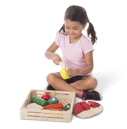 melissa & doug, дървен, комплект, зеленчуци, плодове, дървени плодове и зеленчуци, хранителни продукти, храна за рязане, храна, хляб,  за, рязане, дървени, дъска, ножче, игра, игри, играчка, играчки