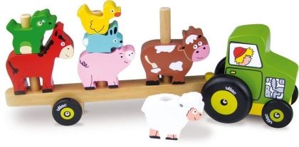 vilac, дървена играчка за нанизване, дървена играчка, нанизване, трактор с ремарке, животни, домашни животни, ферма, фермер, игра, игри, играчка, играчки
