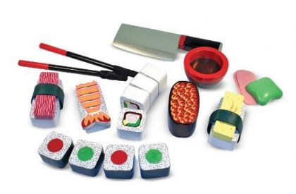 melissa & doug, дървен комплект за рязане, суши, японско суши, риба, храна, готвене, рязане, приготвяне, игра, игри, играчка, играчки