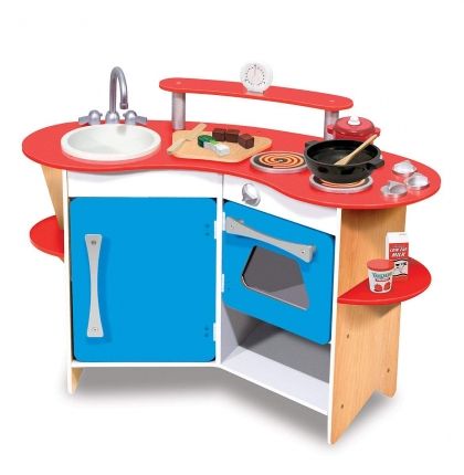melissa & doug, дървена ъглова кухня, дървена кухня, кухня, детска кухня, дървена кухничка, готвене, забавна игра, игра, игри, играчка, играчки