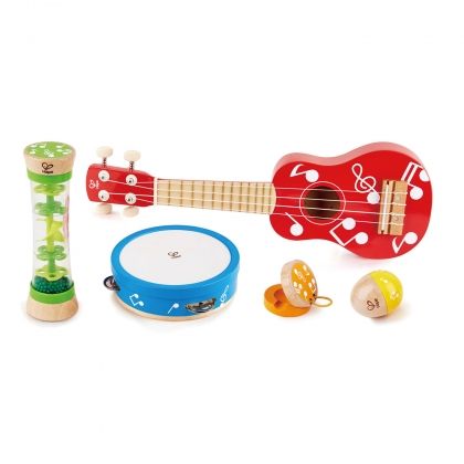 hape, дървен комплект музикални инструменти, многоцветни, многоцветни музикални инструменти, дървени музикални инструменти, музикални инструменти, музикален инструмент, укулеле, дайре, музика, игра, игри, играчка, играчки