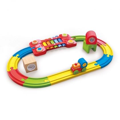 hape, дървени релси с аксесоари, сензорна железница, цветни релси, ксилофон, сензор, сетивност, влак, влакче, влакове, игра, игри, играчка, играчки