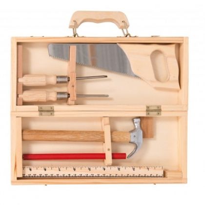 Moulin Roty, дървен комплект за строене, строене, инструменти, дървен комплект с инструменти, чук отвертка, трион, линия, инструменти за момче