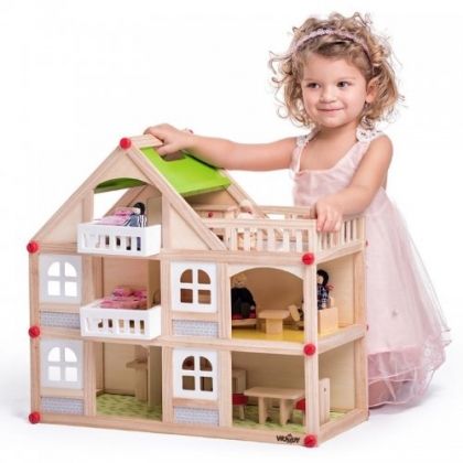 woody, триетажна дървена къща за кукли с балкони и обзавеждане, дървена къща, къща за кукли, куклена къща, триетажна къща, къща с балкони, обзаведена къща, мебели, кукла, кукли, игра, игри, играчка, играчки