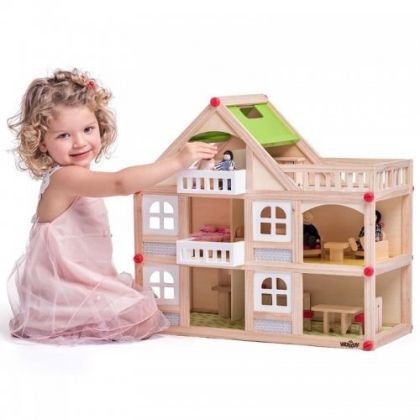 woody, триетажна дървена къща за кукли с балкони и обзавеждане, дървена къща, къща за кукли, куклена къща, триетажна къща, къща с балкони, обзаведена къща, мебели, кукла, кукли, игра, игри, играчка, играчки
