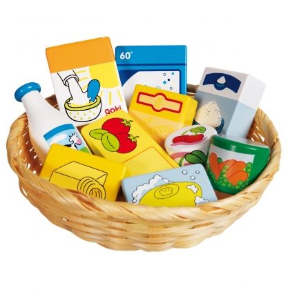 Goki, хранителни продукти в кошница, бутилка мляко, пакет масло, дървена играчка, образователна играчка, играчка, играчки, игри, игра
