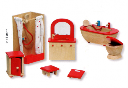goki, обзавеждане, за баня, на къща, за кукли, в червено, куклена къща, дървена, кукленска, къща, дървена, къщичка, за кукли, играчка, играчки, игри, игра