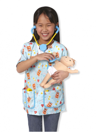 Melissa & Doug, карнавален костюм, педиатърска сестра, педиатър, лекар, доктор, детски лекар, лекарски костюм, слушалки, бебе, кукла бебе, игра, игри, играчка, играчки
