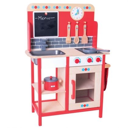 bigjigs, дървена червена кухня, дървена кухня, дървена кухничка, червена кухня, червена кухничка, детска кухня, готвене, кухня и аксесоари, игра, игри, играчка, играчки