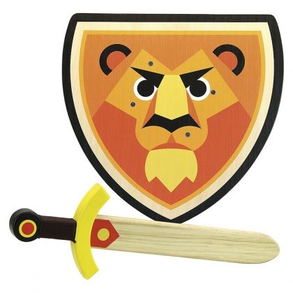 vilac, дървен щит с меч, лъв, дървен щит, дървен меч, щит и меч, комплект за рицари, дървен комплект, щит, меч, детски щит, детски меч, игра, игри, играчка, играчки