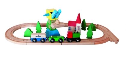 woody, детска, дървена, играчка, кран, с товарен, влак, влакче, влакчета, жп влак, обучителна играчка, креативна играчка, играчки, игри, игра