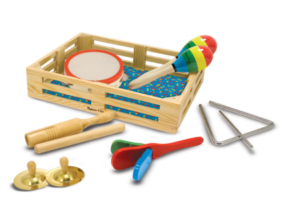 melissa & doug, комплект музикални инструменти, банда в кутия, музикални инструменти, музика, перкусии, перкусионни инструменти, инструменти, игра, игри, играчка, играчки