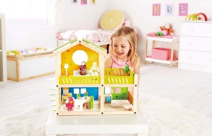 Hape, дървена, кукленска, къща, на два, етажа, за кукли, дървена играчка, играчка, играчка, играчки, игри, игра 