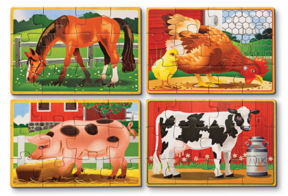 melissa & doug, четири дървени пъзела в кутия, животните от фермата, ферма, животни, домашни животни, четири пъзела, комплект пъзели, пъзели в кутия, детски пъзели, пъзел, пъзели, puzzle, puzzles