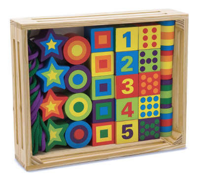 melissa & doug, комплект за нанизване с дървени мъниста, различни форми, уча се да броя, комплект за нанизване, низанка, дървени мъниста, цифри, числа, математика, броене, игра, игри, играчка, играчки