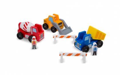 melissa & doug, дървен комплект от превозни средства, строителна площадка, строител, превозни средства, трактор, циментовоз, самосвал, малък строител, строителни превозни средства, игра, игри, играчка, играчк