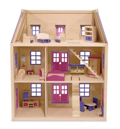 Melissa and Doug, дървена къща за кукли на три етажа, къща за кукли, къща, детска къща за кукли, кукли, обзаведена, обзавеждане, мебели, игра, игри, играчка, играчки 