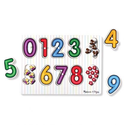 melissa & doug, дървен пъзел с дръжки, цифри, числа, математика, броене, английски език, образователен пъзел, пъзел с дръжки, дървен пъзел, пъзел, пъзели, puzzle, puzzles
